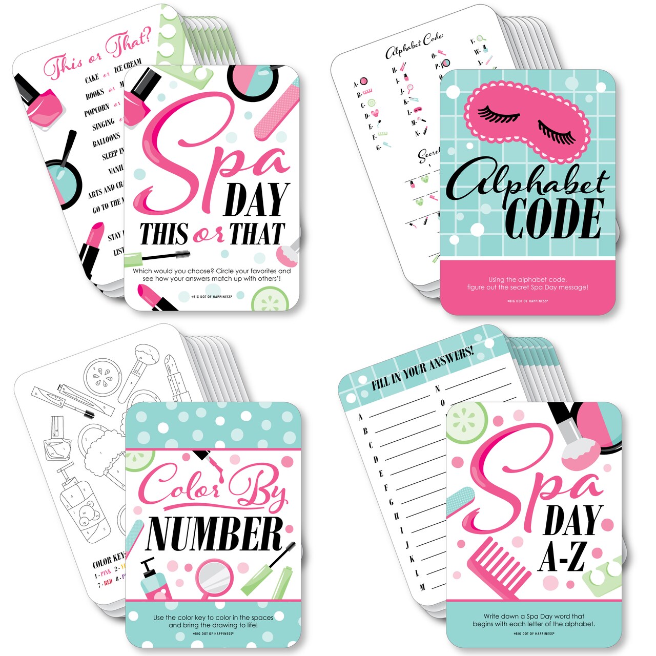 Big Dot of Happiness Spa Day - 4 Girls Makeup Party Games - 10 Cards Each - Gamerific Bundle